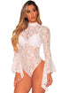 White Sheer Floral Lace Long Bell Sleeve Bodysuit